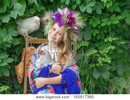 girl, young, cock, hand wreath green plant scarf outfit village