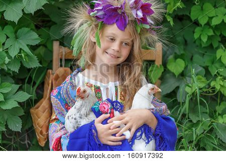 girl, young, cock, hand wreath green plant scarf outfit village