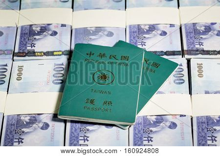 New Taiwan Dollars In Stacks With Roc Passport