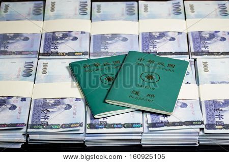 New Taiwan Dollars In Stacks With Roc Passport