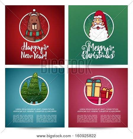 Set of designs Christmas cards template. Christmas card with Santa Claus and cute bear. Decor invitations small Christmas trees and gifts. Place for you text.