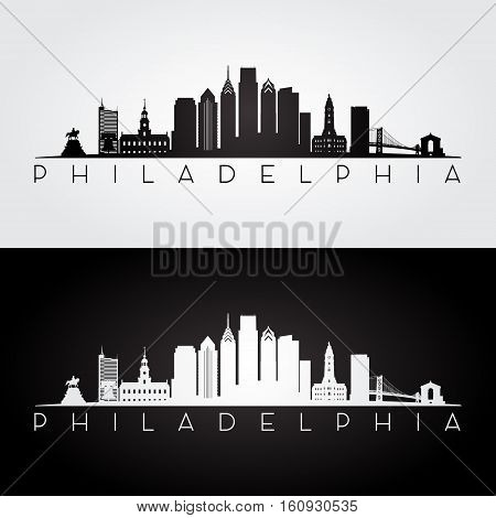 Philadelphia USA skyline and landmarks silhouette black and white design vector illustration.