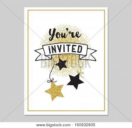 Chick Party glitter greeting card and invitation. Gold hearts, speech bubbles, stars and other elements. Vector element, backgrounds. Gold, pink and blue sparkle, chic style