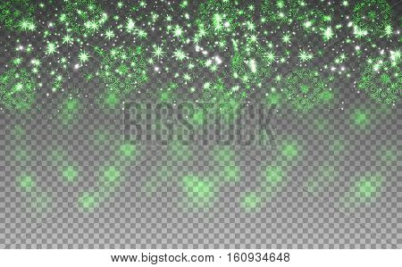 Green Christmas ligthts and snowflakes on transparent background. Vector illustrations.