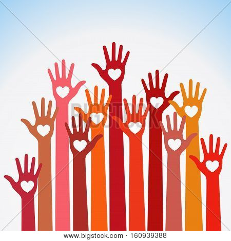 Warm colors colorful caring up hands hearts vector Volunteers lillustration
