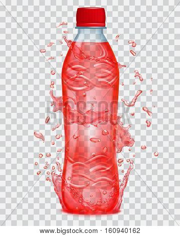 Transparent Water Splashes In Red Colors Around A Transparent Plastic Bottle With Red Juice