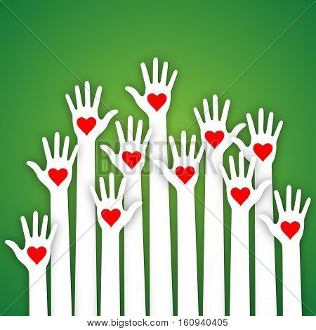 White paper caring up hands red hearts vector Volunteers lillustration