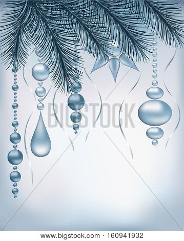 Winter Holiday background with silver fir branches ribbons and Christmas decorations