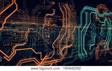 Orange green background with digital integrated network technology 3D illustration