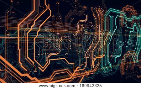 Orange, green background with digital integrated network technology 3D illustration