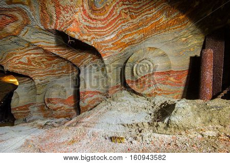 Abandoned varicoloured salt mine shaft tunnel carnallite