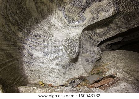 Abandoned varicoloured salt mine shaft tunnel carnallite