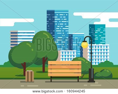 City park with bench with downtown skyscrapers in the background. Modern flat style vector illustration.