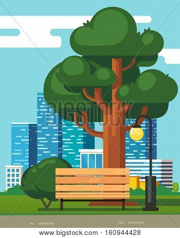 City park bench under a big green oak tree with downtown skyscrapers in the background. Modern flat style vector illustration.