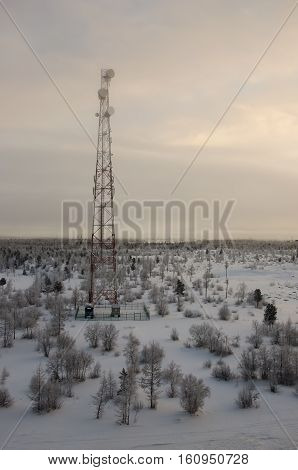 Telecommunications tower and satellite dish telecom network on evening sky with sundown and winter north forest