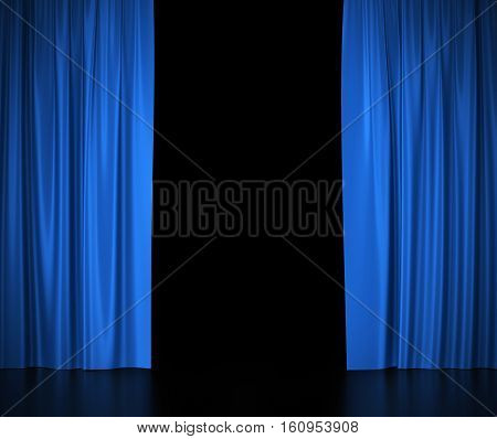 Open blue silk curtains for theater and cinema spotlit light in the center. 3d illustration High resolution