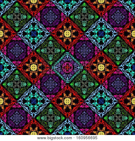 Fusion of old damask ornament with fluorescent colors and mushroom theme
