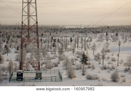 Telecommunications tower and satellite dish telecom network on evening sky with sundown and winter north forest