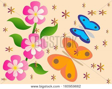 branch of peach with two butterflies and littles flowers