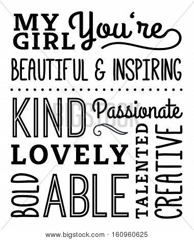 My Girl Compliments Poster, typography design with positive adjectives, design elements in black on white background