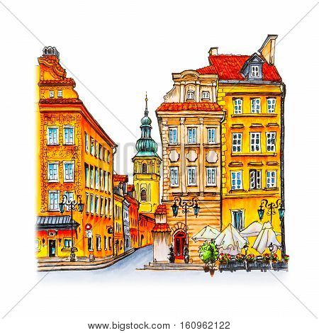 Color hand drawing, Castle Square, Piwna street and Bell tower of St. Martin's Church in the morning, Warsaw Old town, Poland. Picture made liner and markers