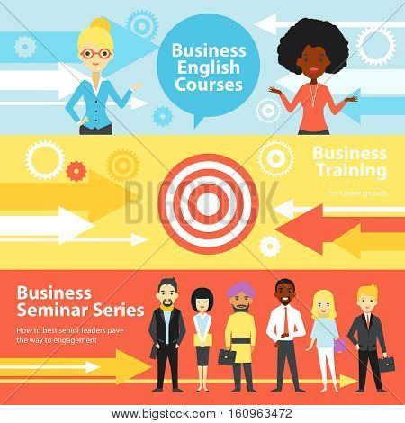 Business training horizontal banners set with people visiting english courses and business seminars flat vector illustration