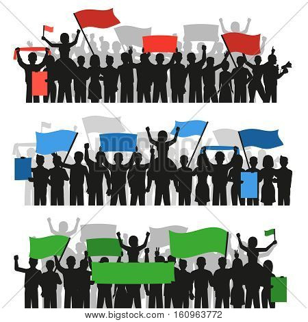 Three horizontal flat banners with crowds of monochrome protesting people silhouettes holding colorful flags isolated vector illustration