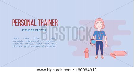Banner with personal trainer in fitness club. Line flat concept. Sports center flyer, sticker. Vector illustration