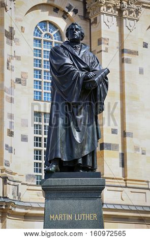 Frauenkirche (Our Lady church) and statue Martin Luther in the center of old town in Dresden Germany
