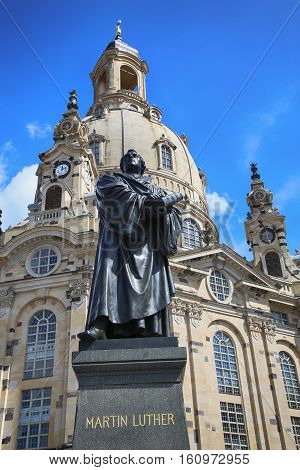 Frauenkirche (Our Lady church) and statue Martin Luther in the center of old town in Dresden Germany