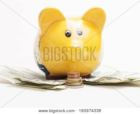 Yellow piggy bank and Stack of money coins isolated over the white background lot dollar cash under it close up