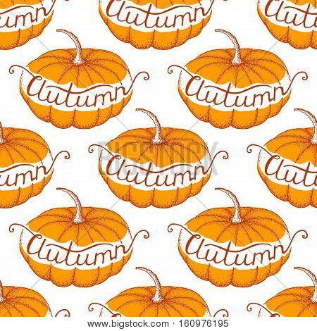 vector seamless pattern with pumpkins and lettering autumn