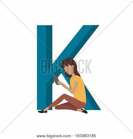 Alphabet mobile people illustration. Flat design. ABC vector with human using computer and mobile device. Girl seating on letter K and working on mobile phone. Social network communication concept