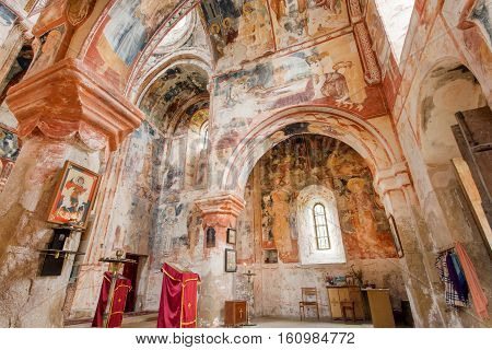 KUTAISI, GEORGIA - SEP 22, 2016: Interior of medieval church of the ancient Orthodox monastery Gelati with fresco on September 22, 2016. Gelati monastery built in 12th century UNESCO World Heritage Site