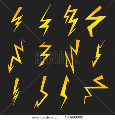 Set of cartoon isolated lightnings on black for design. Thunder-storm and lightnings. Vector eps10