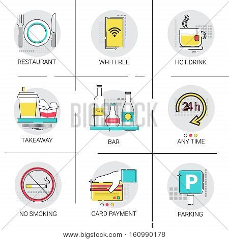 Any Time Open Restaurant Bar Service Public Sign Icon Set Vector Illustration
