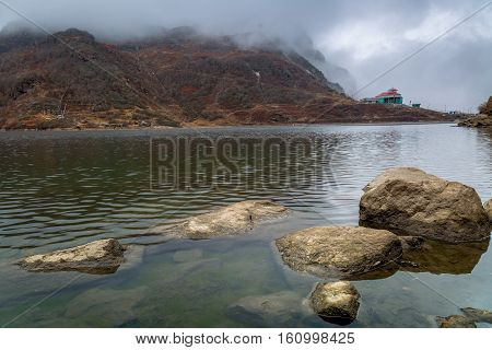Lake Tsomgo (Changu) at East Sikkim, India on a foggy winter morning.