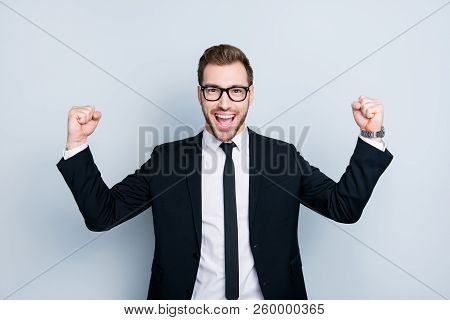 Whoo! We Won The Tender! Portrait Of Handsome Emotional Cheerful Excited Joyful Fun Wearing Black Cl