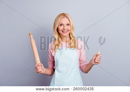 Portrait Of Cheerful Charming Positive Cute Woman In Apron Showing Gesturing Kitchen Ware Aquipments