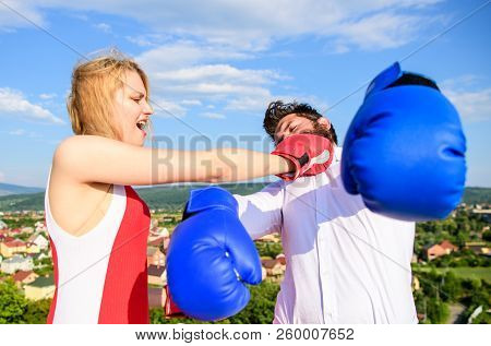 Signs You Are Henpecked Husband. Leadership Family Relations. Couple Boxing Gloves Fight Sky Backgro