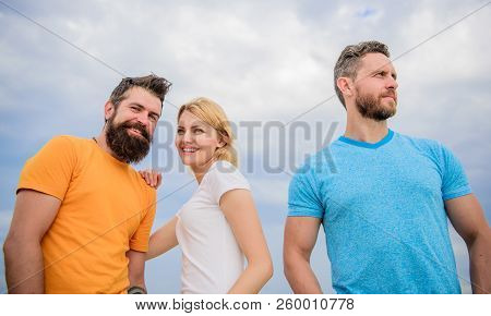 Girl Decided With Whom Dating. Girl Stand Between Two Men. Couple And Rejected Partner. Woman Picked