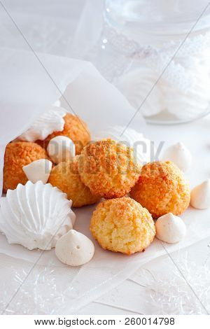 Coconut Cookies Macarons With Copra On A White Background Closeup