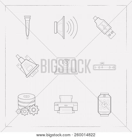 Set Of Electronic Icons Line Style Symbols With Smart Watch, Microphone, Vga Plug And Other Icons Fo