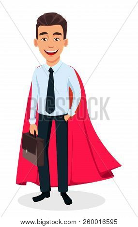 Business Man Cartoon Character Wearing Red Cape Like Superhero And Holding Briefcase. Young Handsome