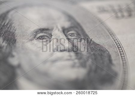 Portrait Of Ben Franklin On The Us 100 Dollar Bill In Macro. Bcakground Or Texture.