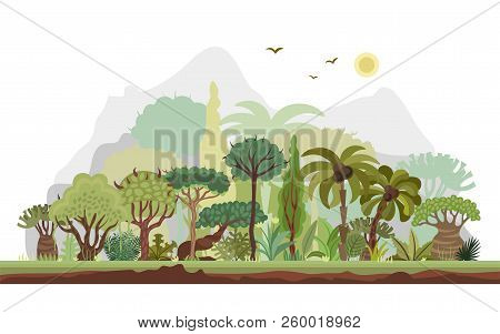 Vector Horizontal Tropical Rainforest Illustration. Jungle Flat Design. Forest Landscape With Mounta