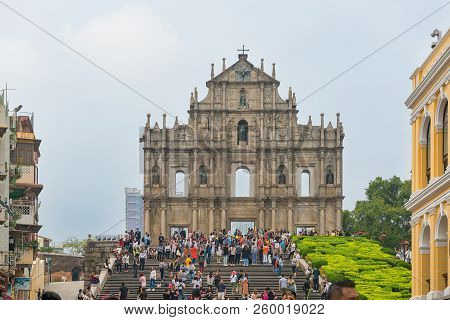 Macao, China - April, 20, 2018. Ruins Of St. Paul Are Part Of The Historic Center Of Macau, Which Is