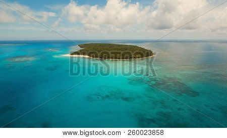 Aerial View Of Beautiful Tropical Island Daco With White Sand Beach. View Of A Nice Tropical Beach F