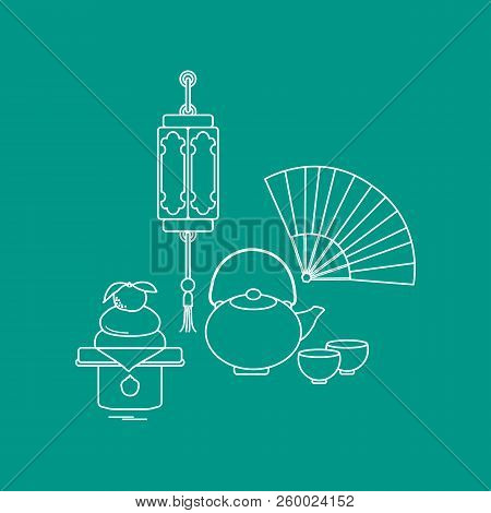 Eastern New Year Symbols. Chinese Lantern, Kettle With Two Cups, Fan, Kagami Mochi. Festive Traditio