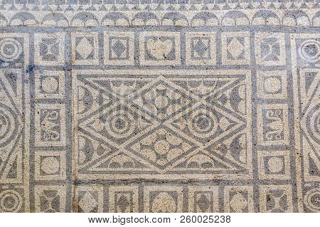 Floor Mosaic Of Colored Stones In Villa Roman Mosaics In Risan, Risana, Boca-kotor Bay, Montenegro